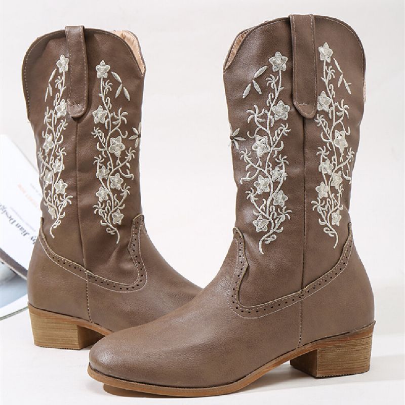 Botas De Vaquero Con Tacón Cuadrado De Flores Retro Para Mujer