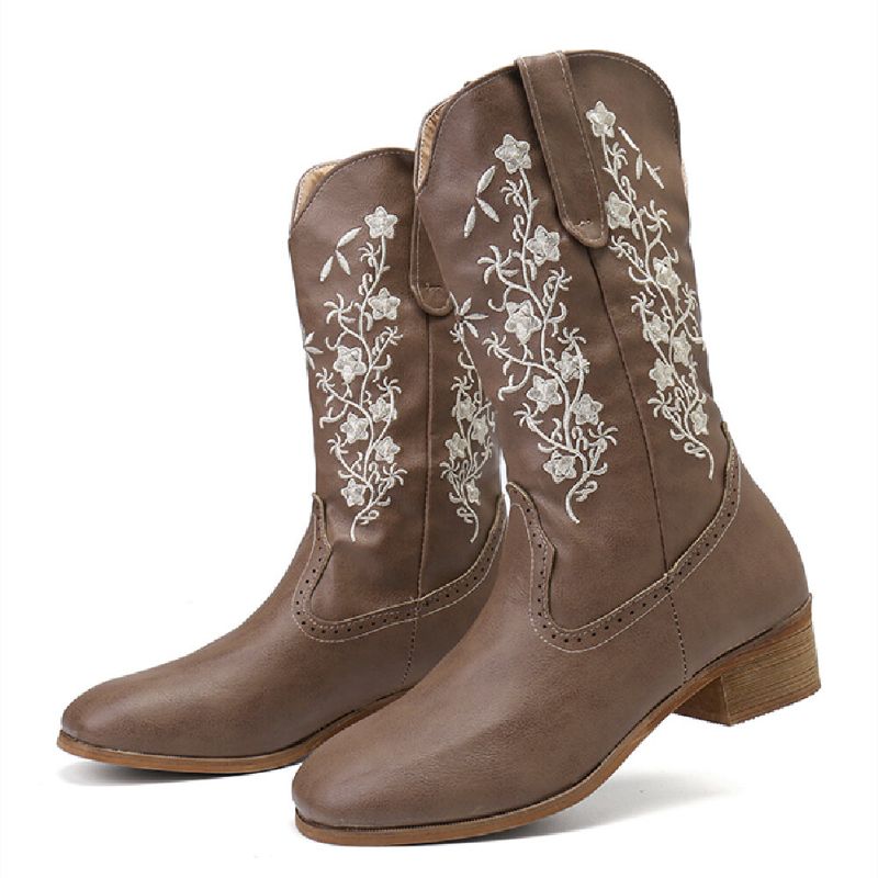 Botas De Vaquero Con Tacón Cuadrado De Flores Retro Para Mujer