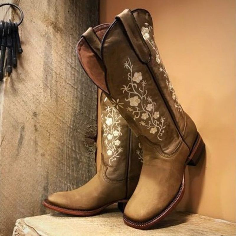 Botas De Vaquero Con Tacón Cuadrado De Flores Retro Para Mujer