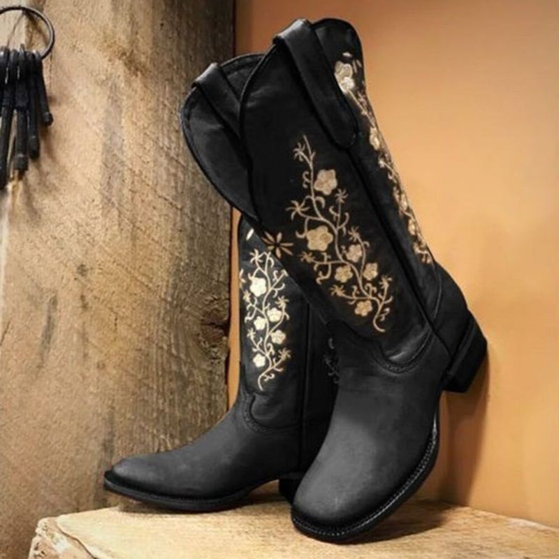 Botas De Vaquero Con Tacón Cuadrado De Flores Retro Para Mujer