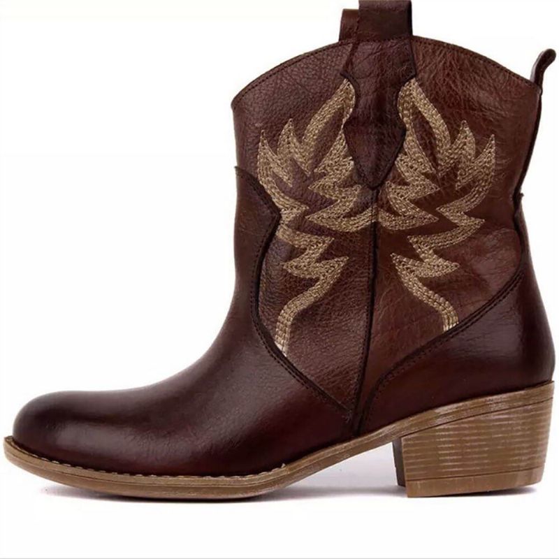 Botas De Vaquero Cortas Con Tacón Grueso Y Bordado Floral Folkways Para Mujer