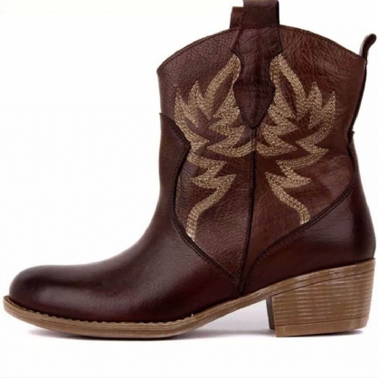 Botas De Vaquero Cortas Con Tacón Grueso Y Bordado Floral Folkways Para Mujer