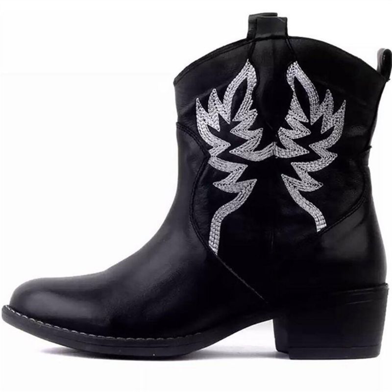 Botas De Vaquero Cortas Con Tacón Grueso Y Bordado Floral Folkways Para Mujer