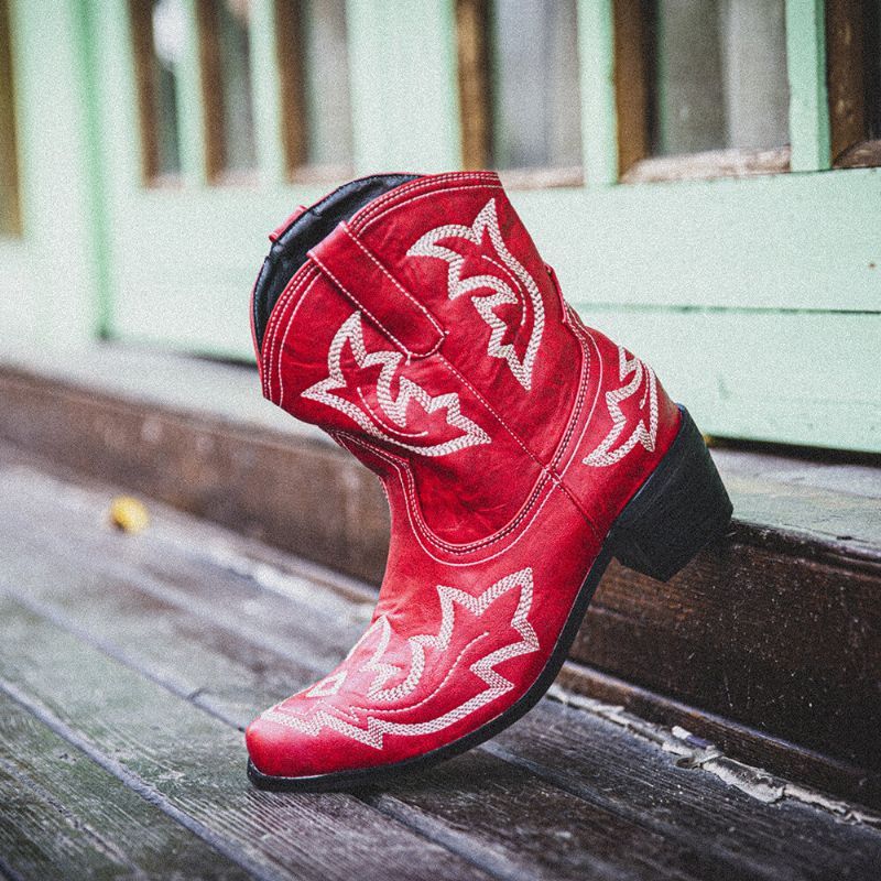 Botas De Vaquero Cortas Con Tacón Grueso Y Bordado Floral Folkways Para Mujer