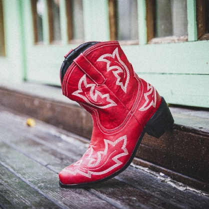 Botas De Vaquero Cortas Con Tacón Grueso Y Bordado Floral Folkways Para Mujer