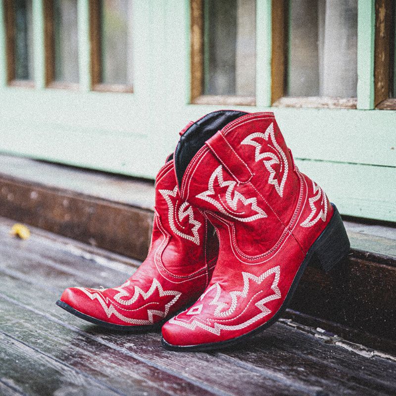 Botas De Vaquero Cortas Con Tacón Grueso Y Bordado Floral Folkways Para Mujer