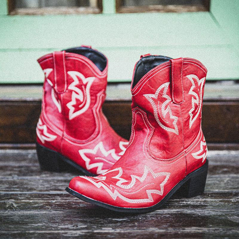 Botas De Vaquero Cortas Con Tacón Grueso Y Bordado Floral Folkways Para Mujer