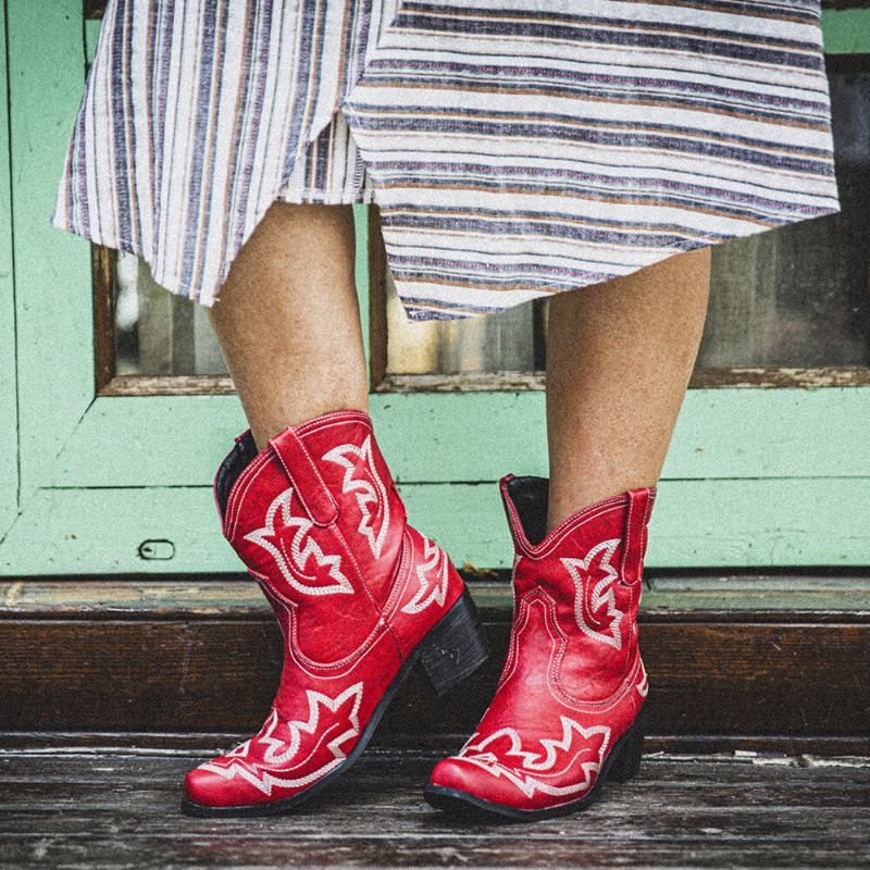 Botas De Vaquero Cortas Con Tacón Grueso Y Bordado Floral Folkways Para Mujer