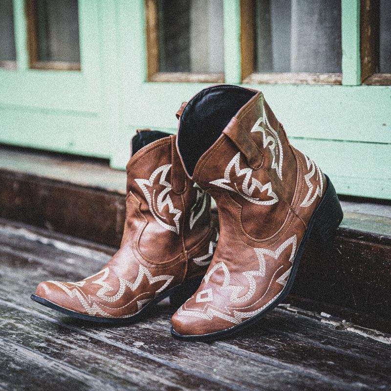 Botas De Vaquero Cortas Con Tacón Grueso Y Bordado Floral Folkways Para Mujer