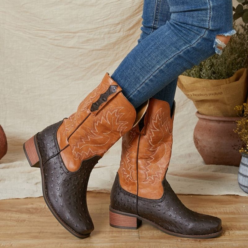 Botas De Vaquero De Media Pantorrilla Antideslizantes Bordadas Para Mujer