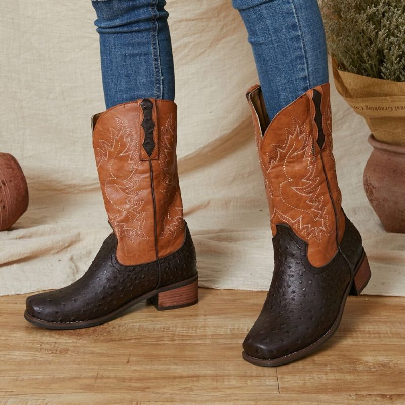 Botas De Vaquero De Media Pantorrilla Antideslizantes Bordadas Para Mujer