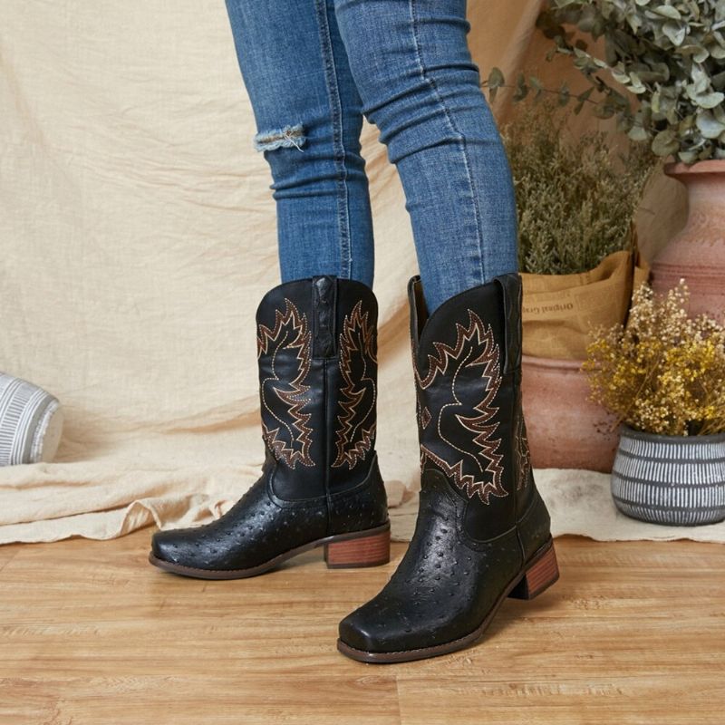 Botas De Vaquero De Media Pantorrilla Antideslizantes Bordadas Para Mujer