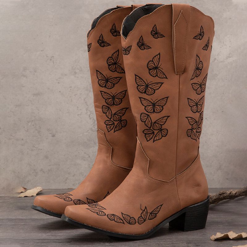 Botas De Vaquero De Media Pantorrilla Bordadas Con Mariposa Retro De Talla Grande Para Mujer