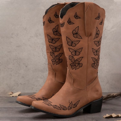 Botas De Vaquero De Media Pantorrilla Bordadas Con Mariposa Retro De Talla Grande Para Mujer