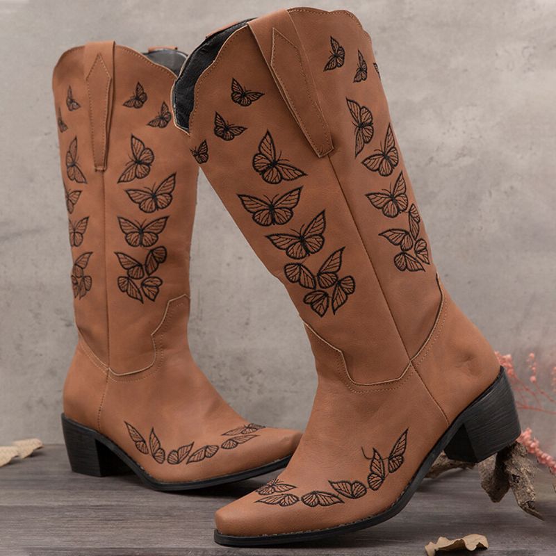 Botas De Vaquero De Media Pantorrilla Bordadas Con Mariposa Retro De Talla Grande Para Mujer