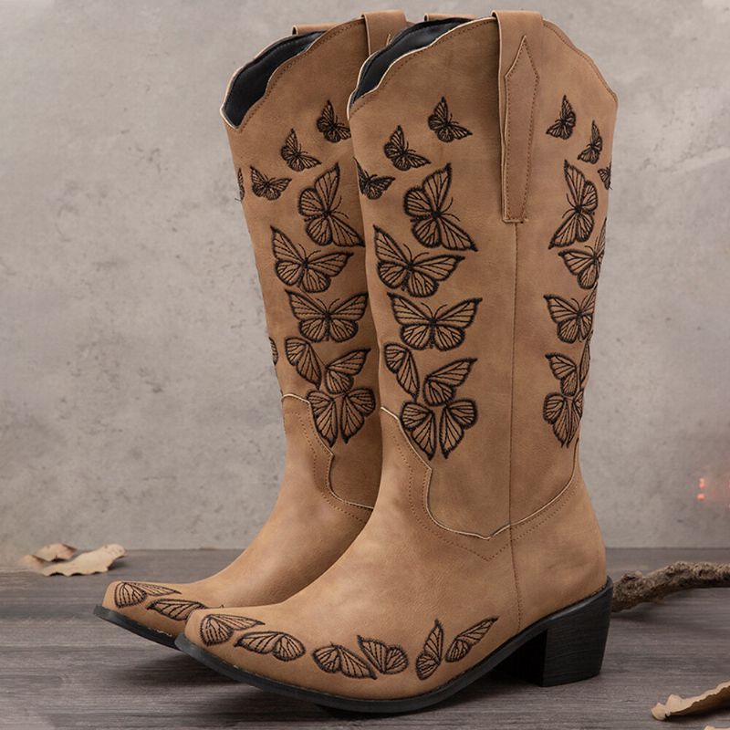 Botas De Vaquero De Media Pantorrilla Bordadas Con Mariposa Retro De Talla Grande Para Mujer