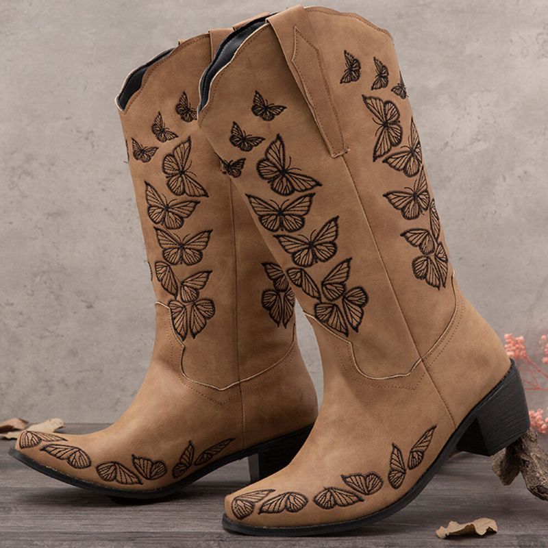 Botas De Vaquero De Media Pantorrilla Bordadas Con Mariposa Retro De Talla Grande Para Mujer