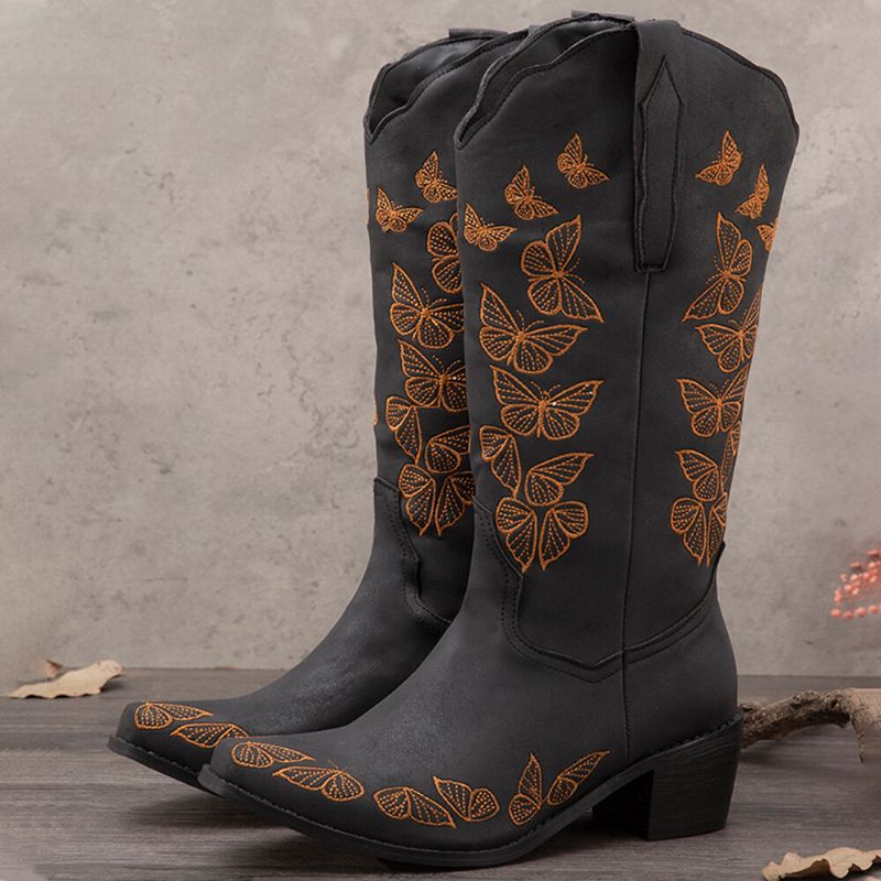 Botas De Vaquero De Media Pantorrilla Bordadas Con Mariposa Retro De Talla Grande Para Mujer