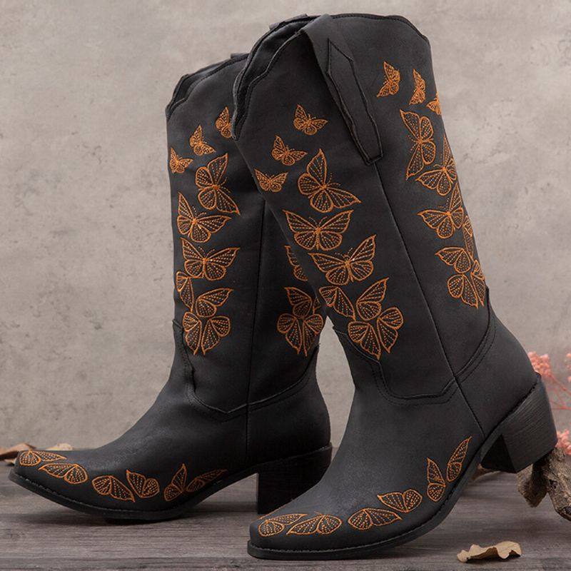 Botas De Vaquero De Media Pantorrilla Bordadas Con Mariposa Retro De Talla Grande Para Mujer