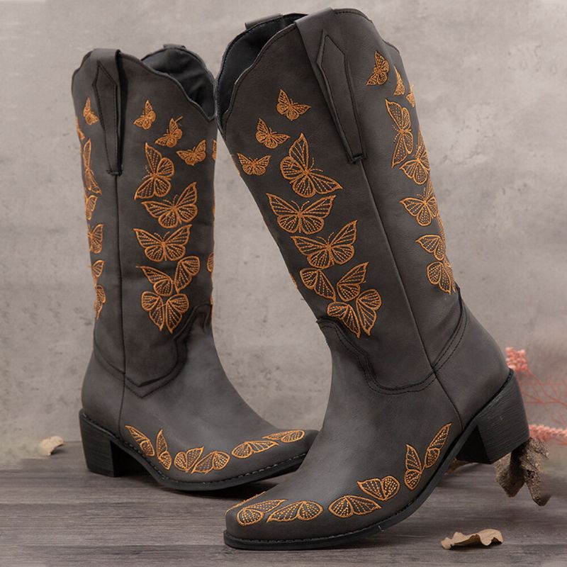 Botas De Vaquero De Media Pantorrilla Bordadas Con Mariposa Retro De Talla Grande Para Mujer