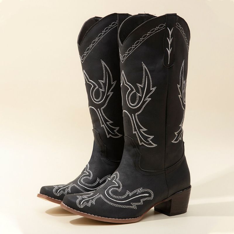 Botas De Vaquero De Media Pantorrilla Bordadas Retro De Tacón Grueso Para Mujer De Talla Grande