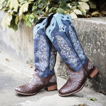 Botas De Vaquero De Media Pantorrilla Con Bordado Floral Retro De Talla Grande Para Mujer