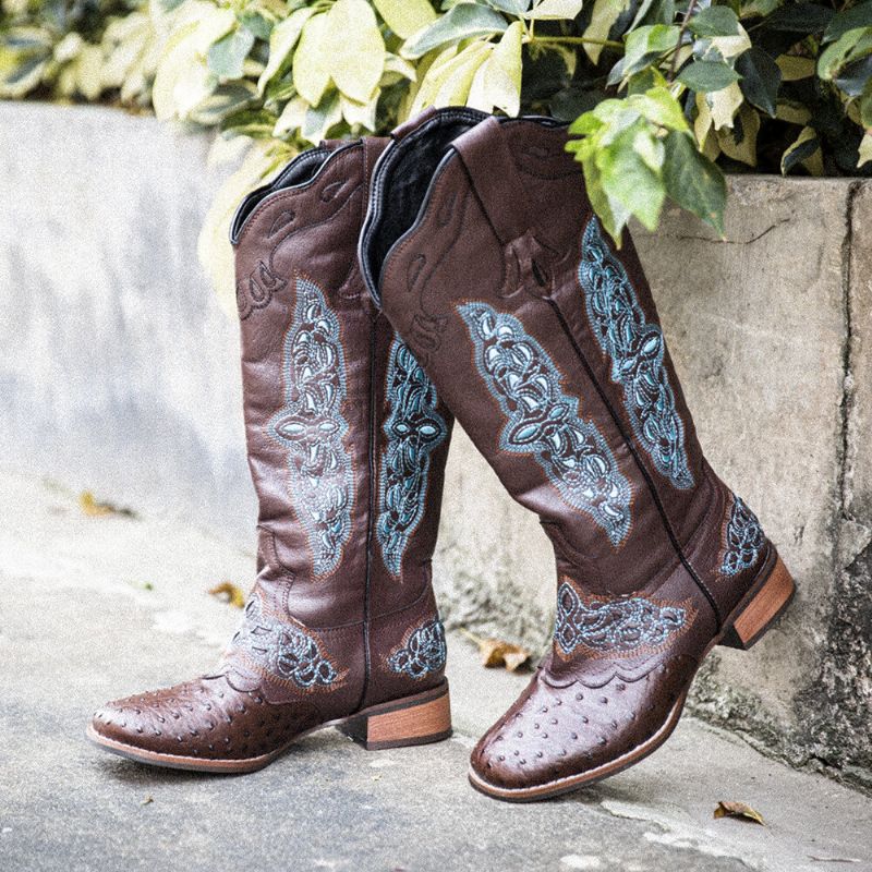 Botas De Vaquero De Media Pantorrilla Con Bordado Floral Retro De Talla Grande Para Mujer