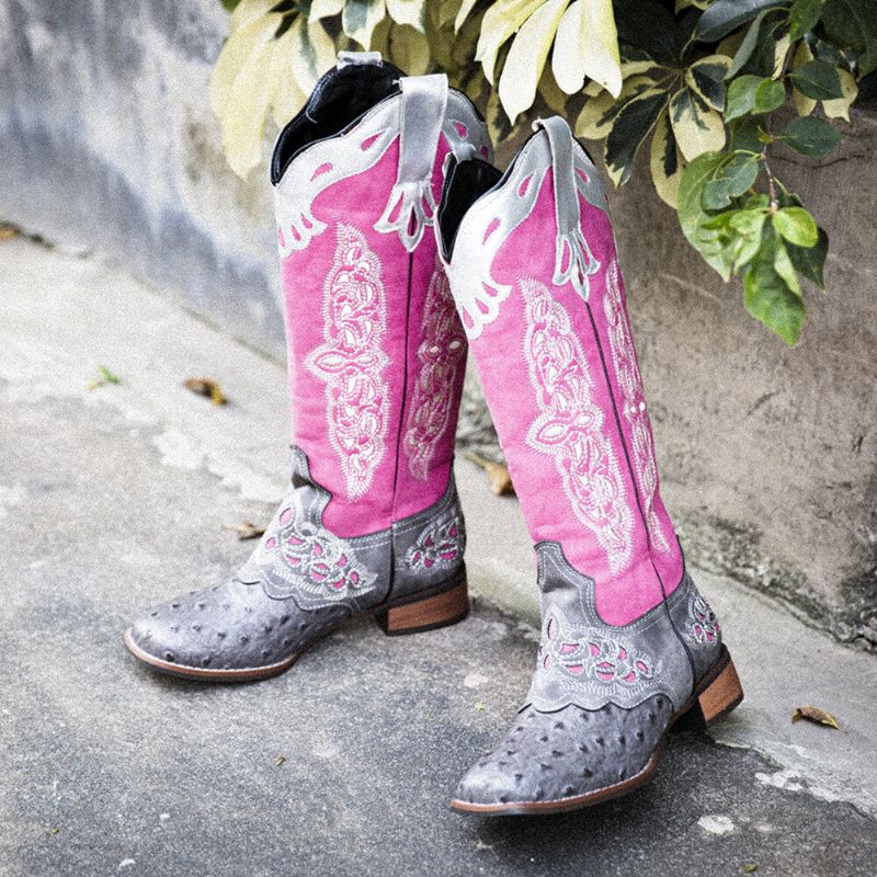 Botas De Vaquero De Media Pantorrilla Con Bordado Floral Retro De Talla Grande Para Mujer