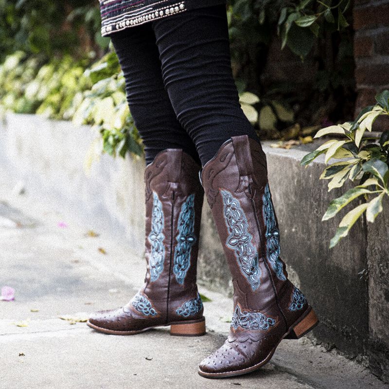 Botas De Vaquero De Media Pantorrilla Con Bordado Floral Retro De Talla Grande Para Mujer