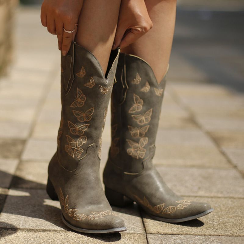 Botas De Vaquero De Media Pantorrilla Con Decoración De Mariposa Para Mujer De Gran Tamaño