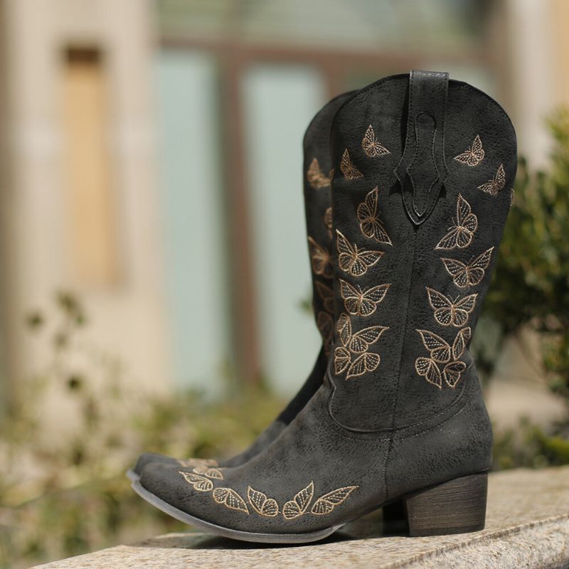 Botas De Vaquero De Media Pantorrilla Con Decoración De Mariposa Para Mujer De Gran Tamaño