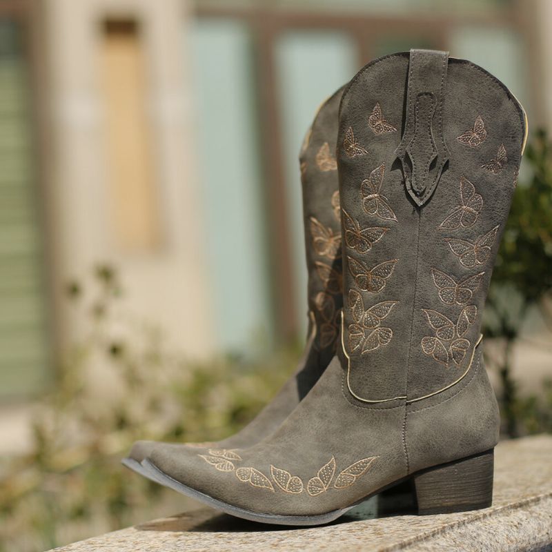 Botas De Vaquero De Media Pantorrilla Con Decoración De Mariposa Para Mujer De Gran Tamaño