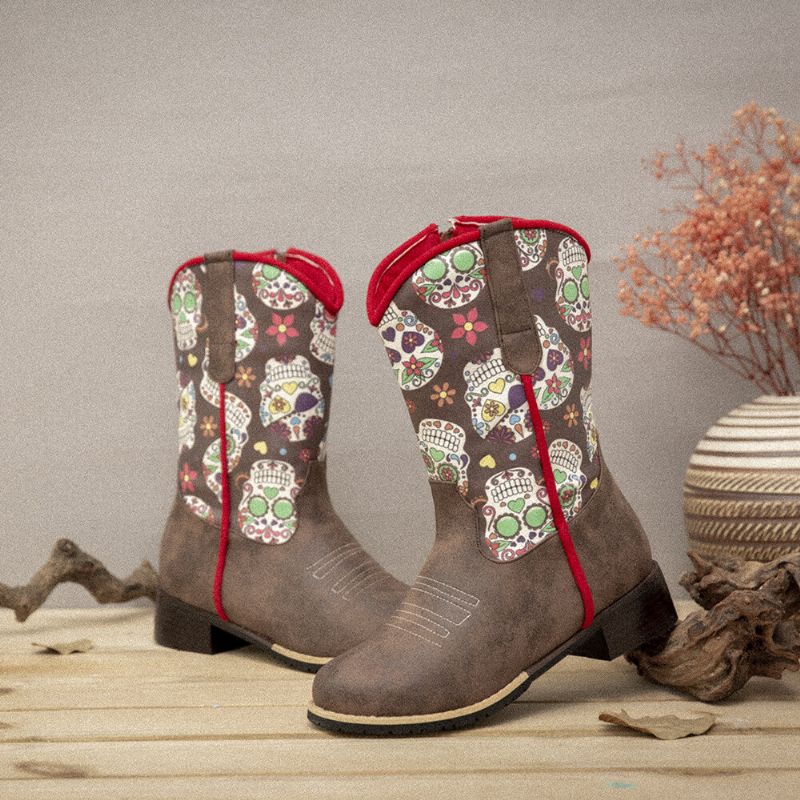 Botas De Vaquero De Media Pantorrilla Con Estampado De Flores Retro Para Mujer