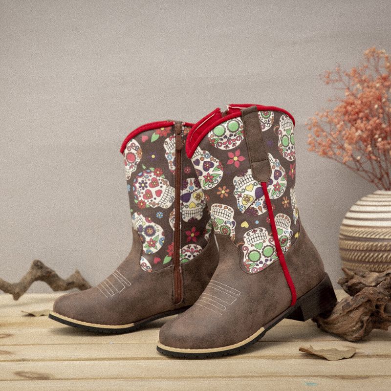 Botas De Vaquero De Media Pantorrilla Con Estampado De Flores Retro Para Mujer