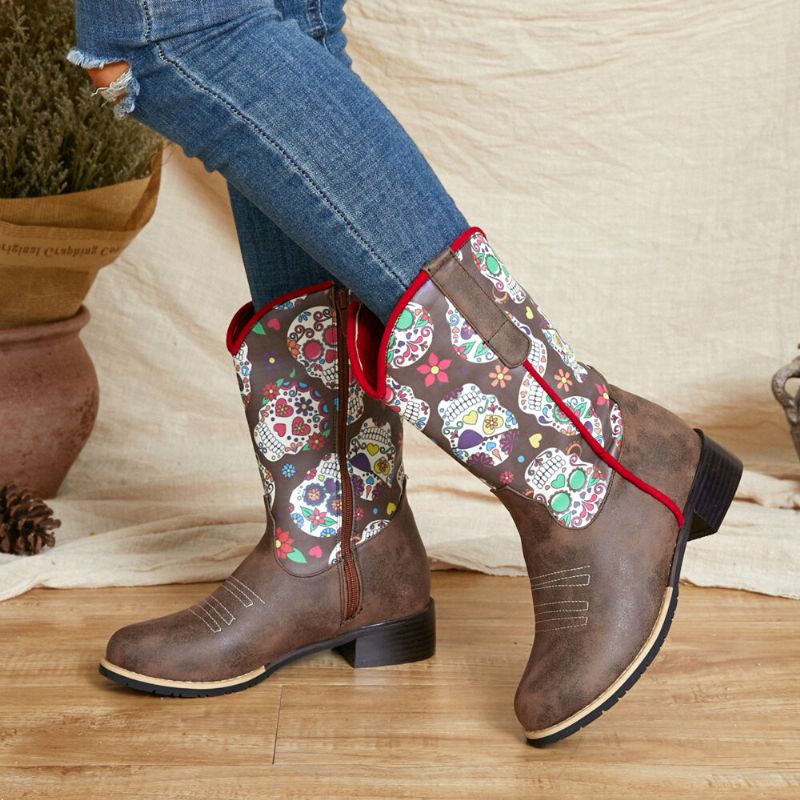 Botas De Vaquero De Media Pantorrilla Con Estampado De Flores Retro Para Mujer