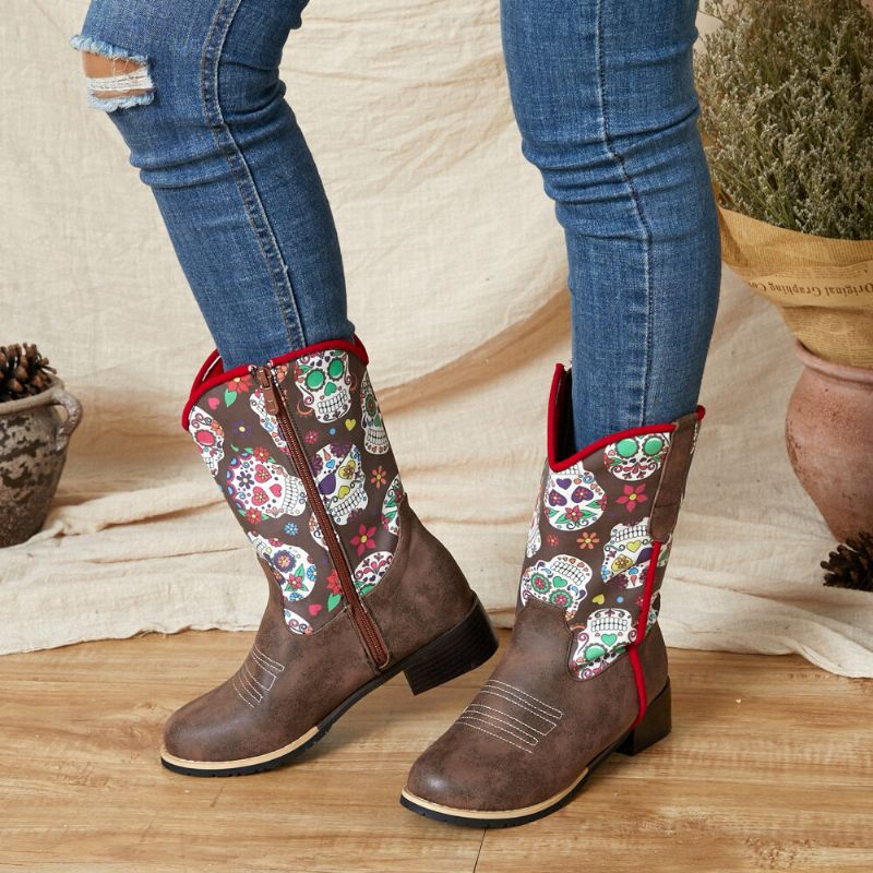 Botas De Vaquero De Media Pantorrilla Con Estampado De Flores Retro Para Mujer