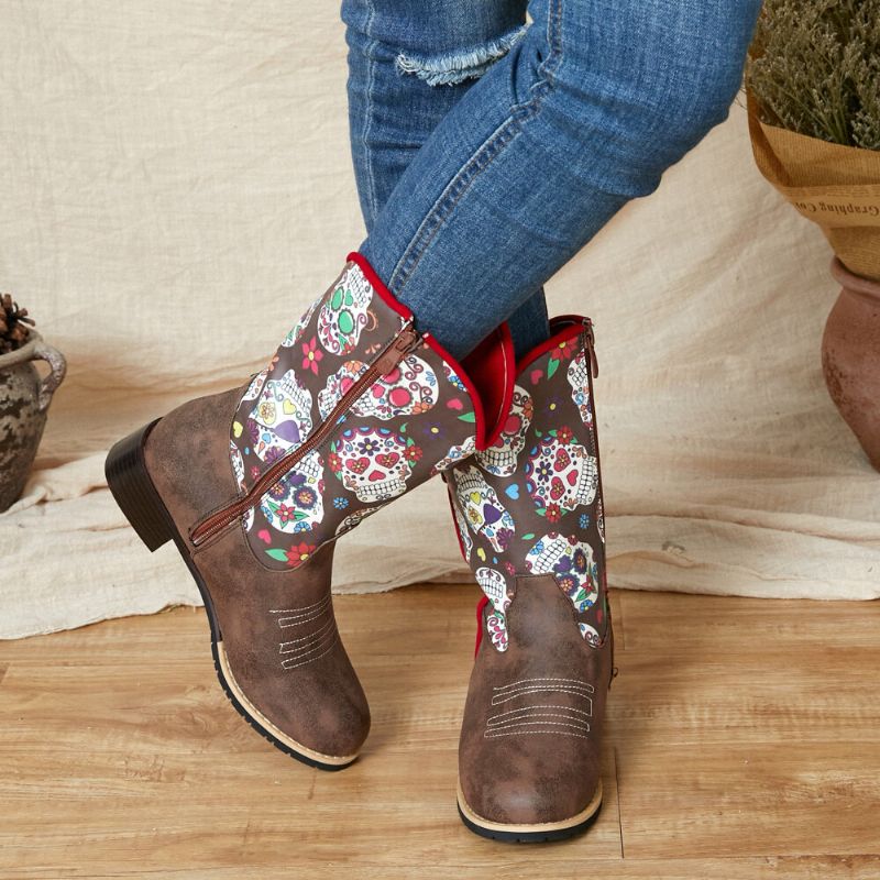 Botas De Vaquero De Media Pantorrilla Con Estampado De Flores Retro Para Mujer