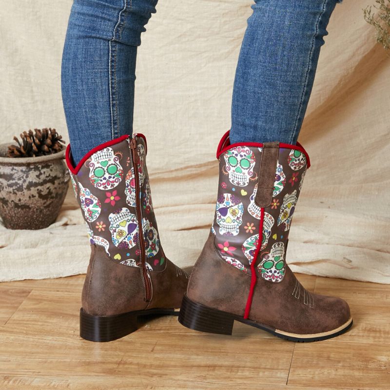 Botas De Vaquero De Media Pantorrilla Con Estampado De Flores Retro Para Mujer