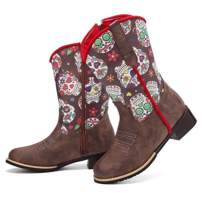 Botas De Vaquero De Media Pantorrilla Con Estampado De Flores Retro Para Mujer