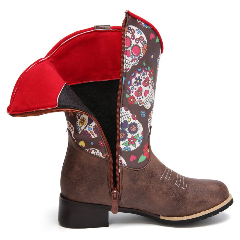 Botas De Vaquero De Media Pantorrilla Con Estampado De Flores Retro Para Mujer