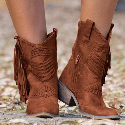 Botas De Vaquero De Media Pantorrilla Con Tacón Grueso Y Cremallera Lateral Para Mujer De Talla Grande