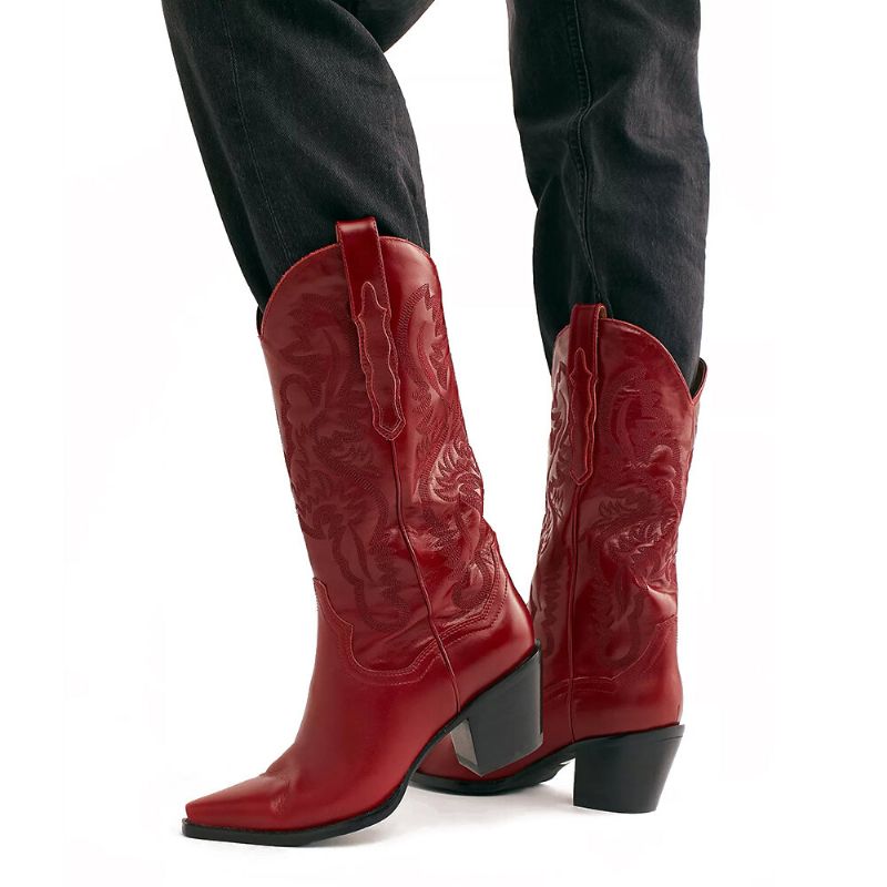 Botas De Vaquero De Media Pantorrilla Con Tacón Grueso Y Floral Retro De Talla Grande Para Mujer