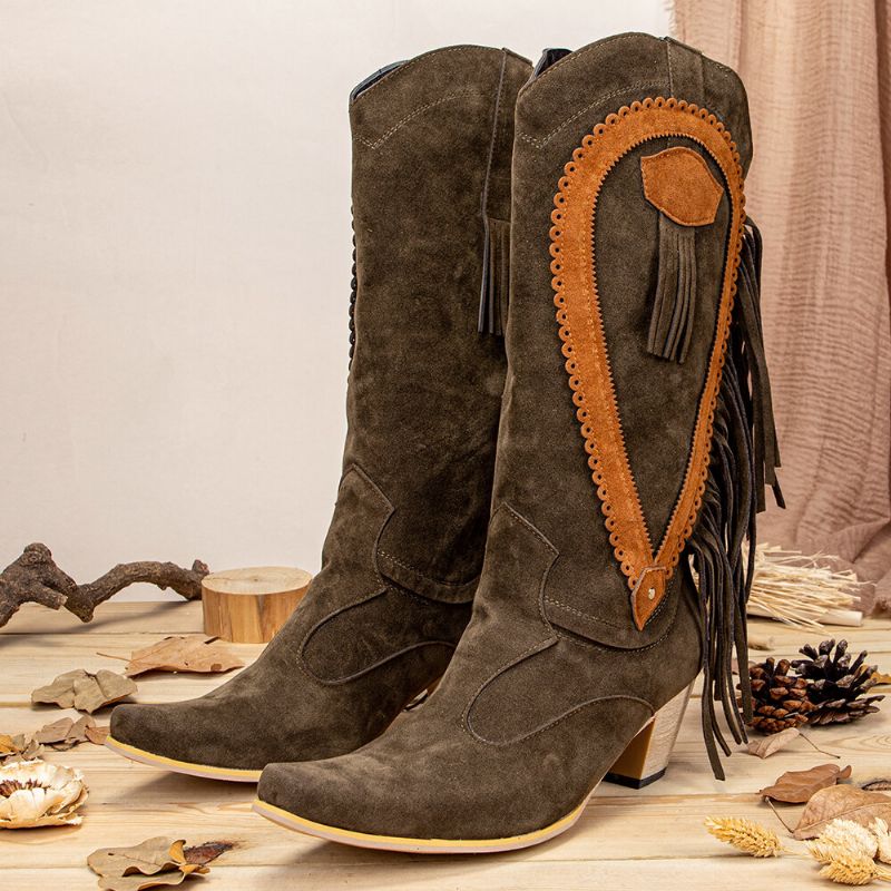 Botas De Vaquero De Media Pantorrilla Con Tacones Gruesos Y Puntiagudos De Talla Grande Para Mujer