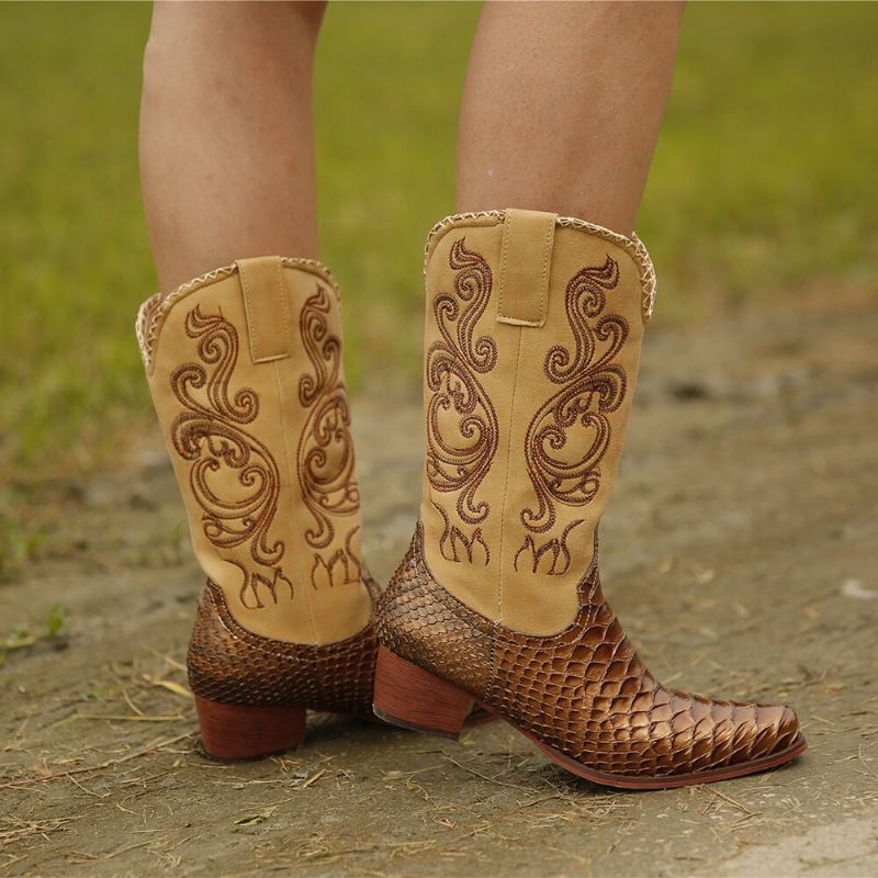 Botas De Vaquero De Media Pantorrilla De Tacón Grueso Bordadas Para Mujer De Talla Grande