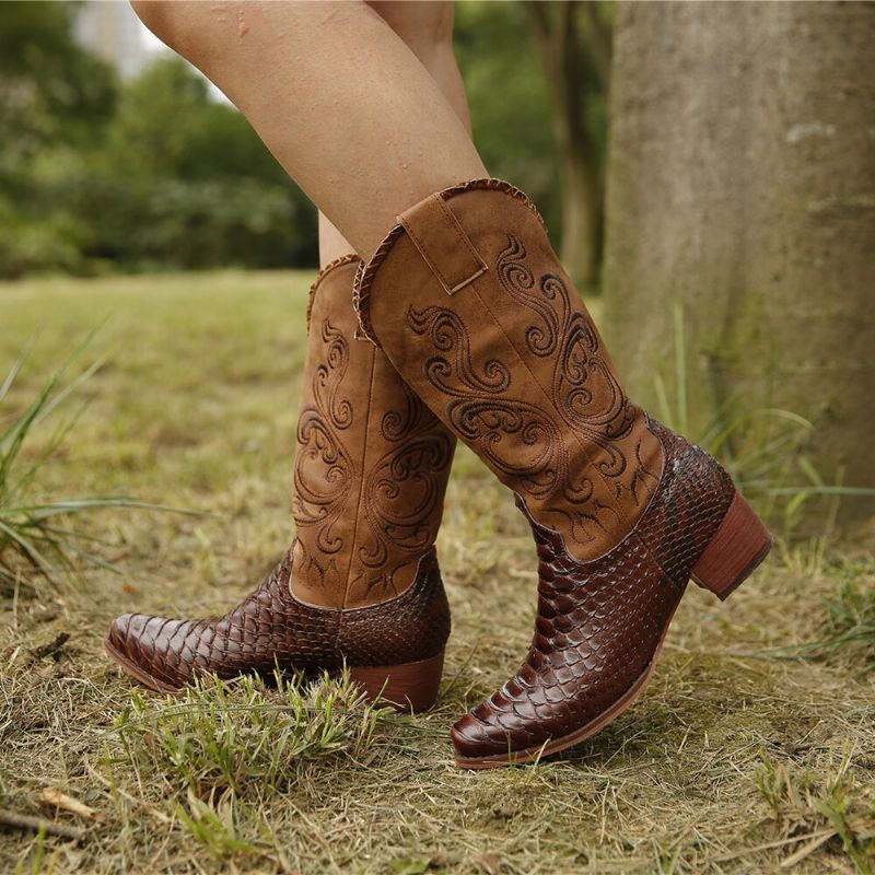 Botas De Vaquero De Media Pantorrilla De Tacón Grueso Bordadas Para Mujer De Talla Grande