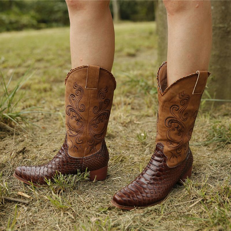 Botas De Vaquero De Media Pantorrilla De Tacón Grueso Bordadas Para Mujer De Talla Grande