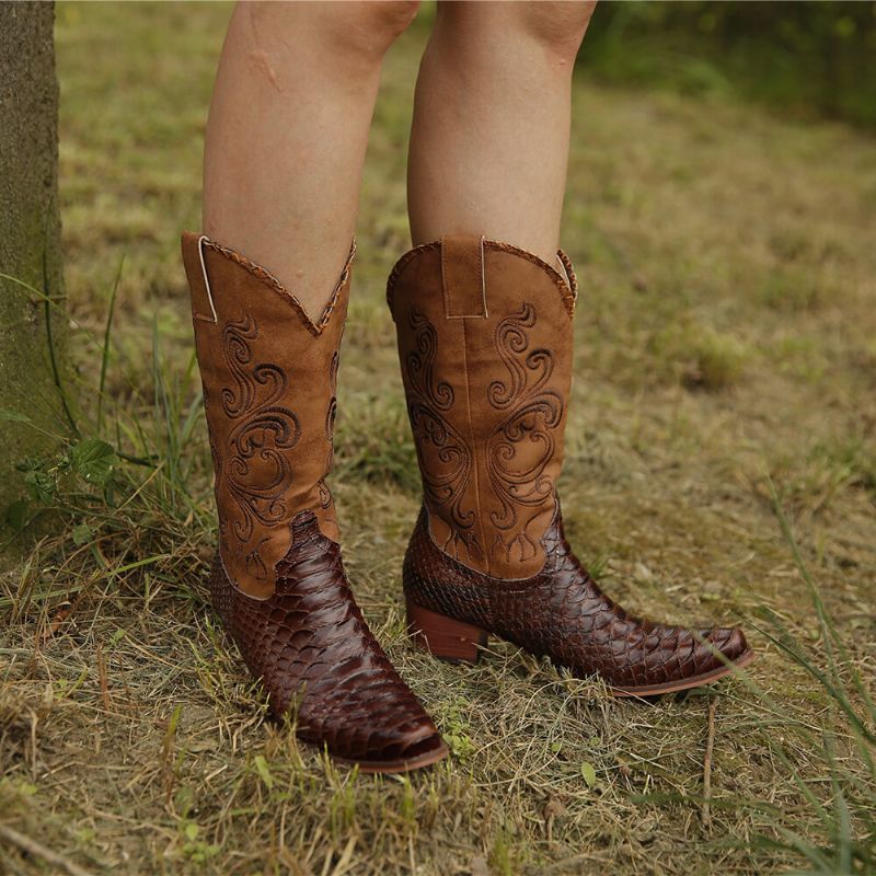 Botas De Vaquero De Media Pantorrilla De Tacón Grueso Bordadas Para Mujer De Talla Grande