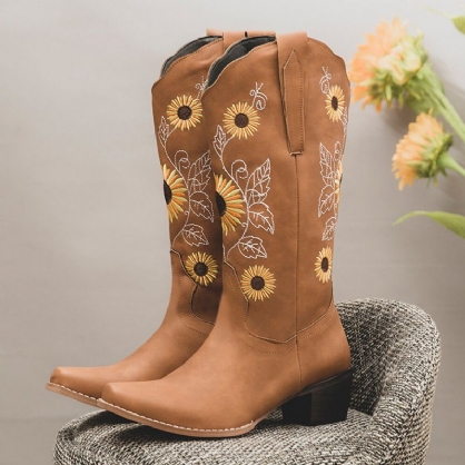 Botas De Vaquero De Media Pantorrilla De Tacón Grueso Con Bordado De Girasol Retro Para Mujer De Talla Grande