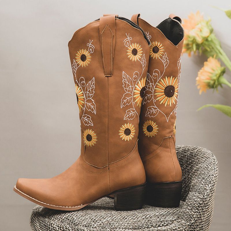 Botas De Vaquero De Media Pantorrilla De Tacón Grueso Con Bordado De Girasol Retro Para Mujer De Talla Grande