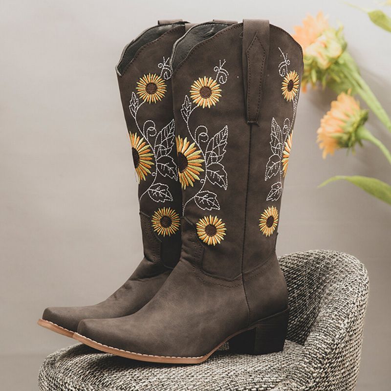 Botas De Vaquero De Media Pantorrilla De Tacón Grueso Con Bordado De Girasol Retro Para Mujer De Talla Grande